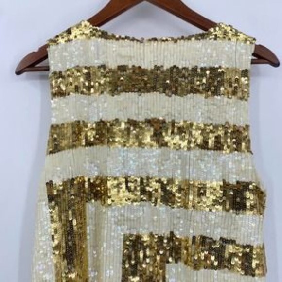 Julie Brown Sequined Top Striped Ivory Gold Sleeveless Pullover Round Neck SZ L - Picture 5 of 5